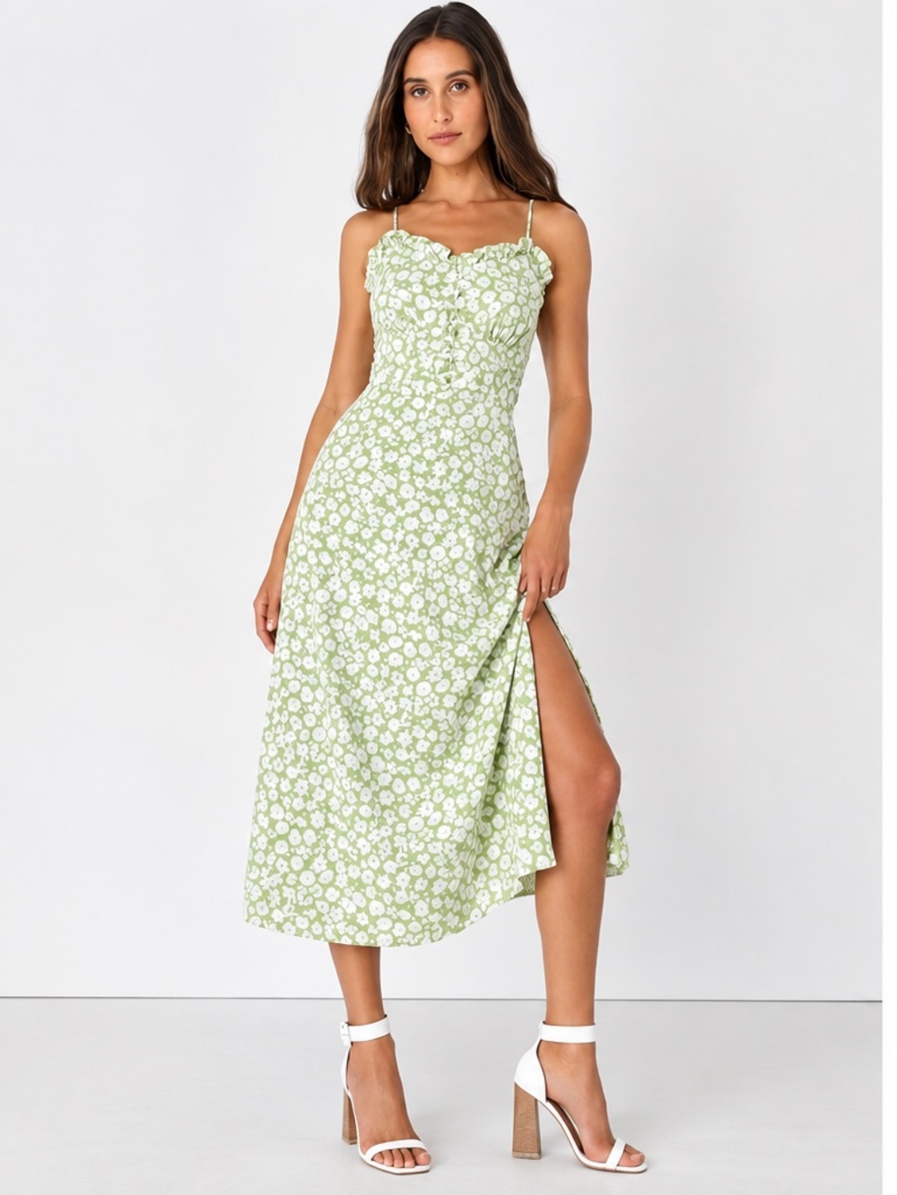 Lulus Lush Green Floral Midi Dress Ruffle Slit